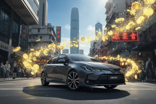 Toyota corolla in hongkong sunny day with so money effeect.means buy the auto service can earn Money point 